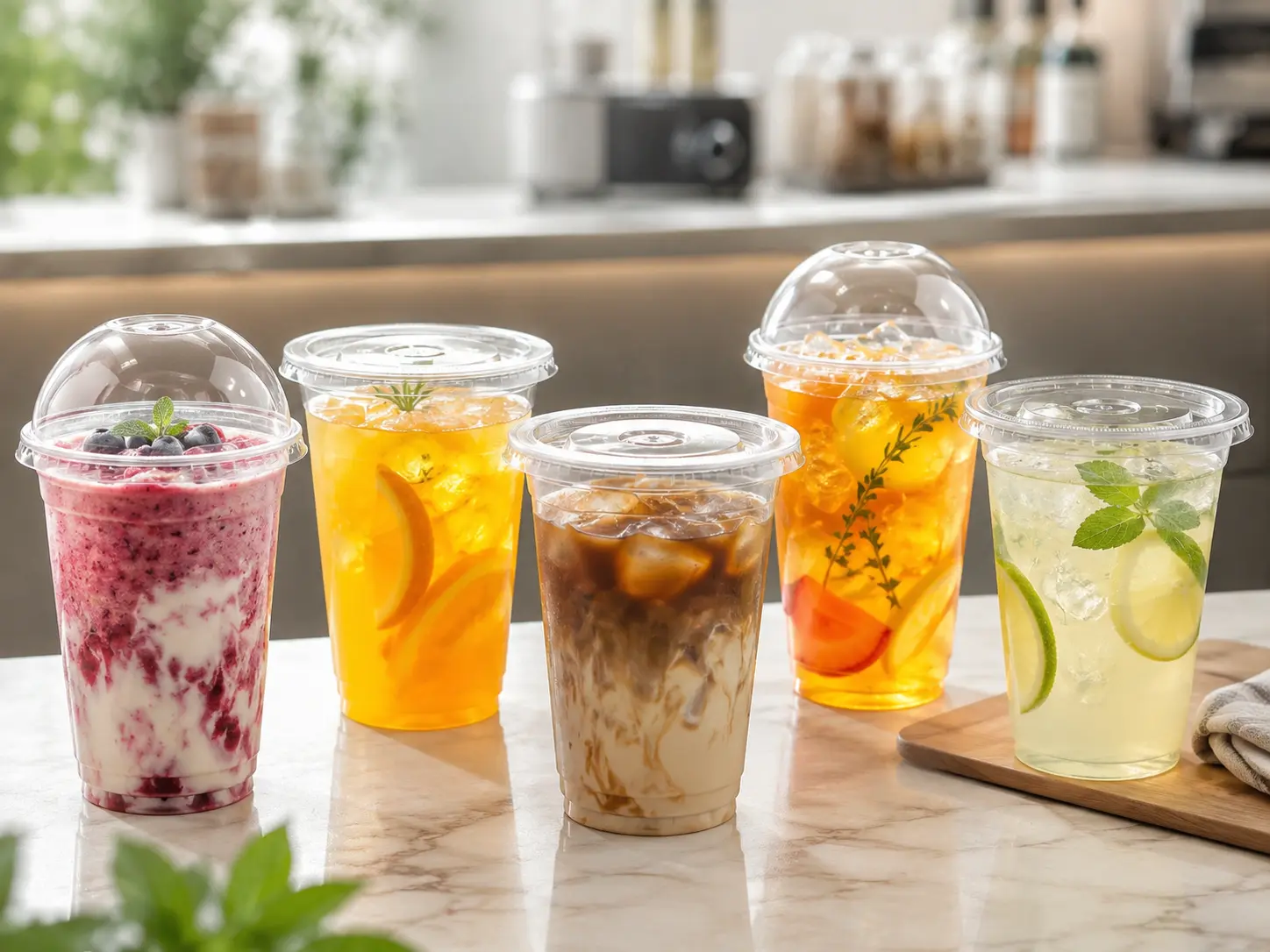 9oz clear PET cups for juice, iced coffee, cold drinks, desserts and foodservice applications