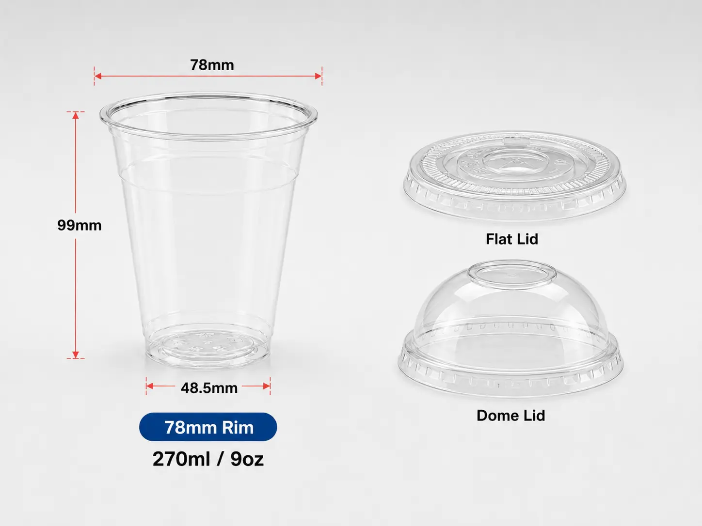9oz 270ml transparent PET Einweg-Plastikbecher mit 78mm Rand und passenden flachen Kuppeldeckeln