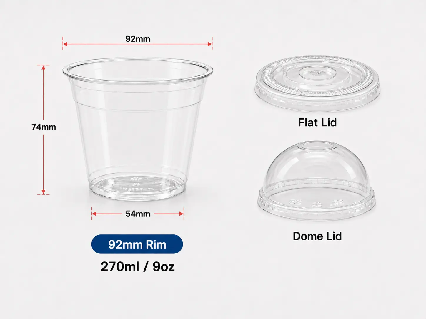9oz 270ml transparent PET Einwegbecher mit 92mm Rand und passenden flachen Kuppeldeckeln