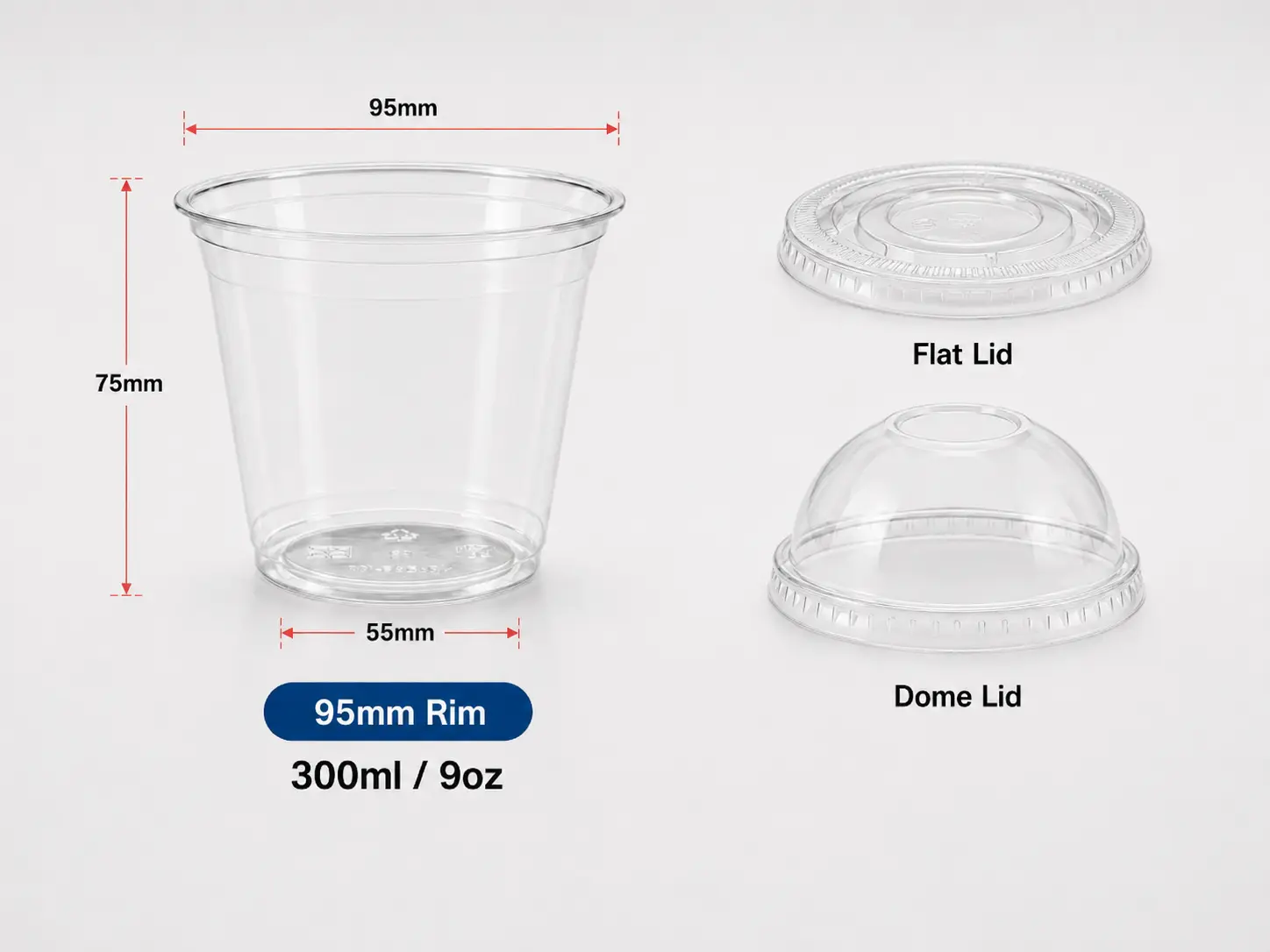 9oz 300ml transparent PET Einwegbecher mit 95mm Rand und passenden flachen Kuppeldeckeln