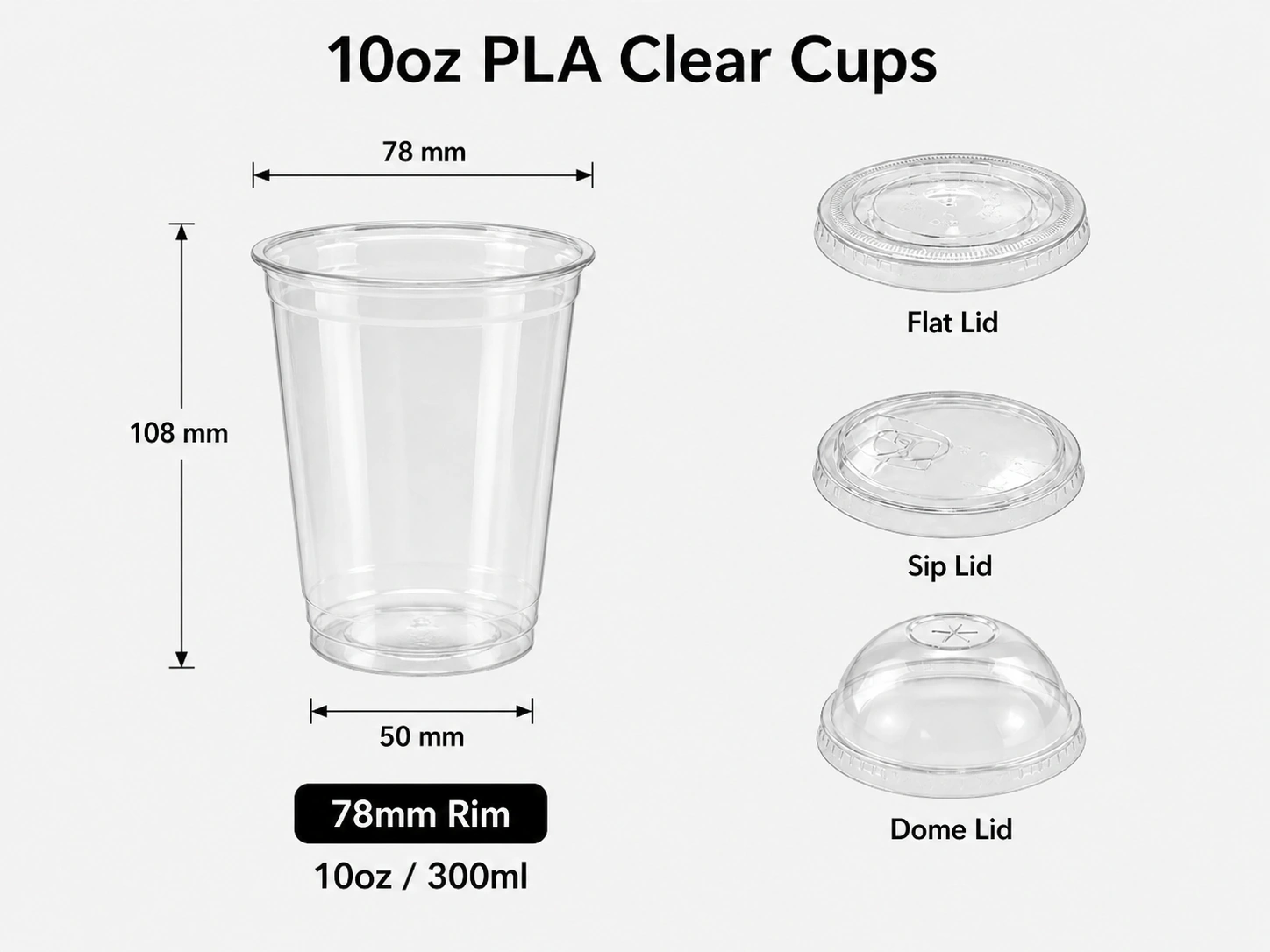 10oz 300ml PLA compostable clear cup with 78mm rim and matching flat sip and dome lids