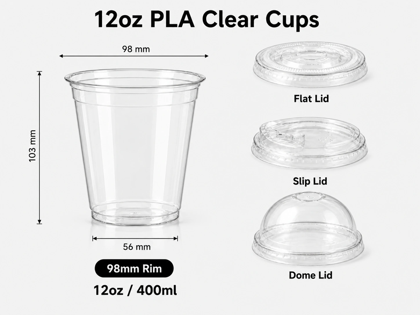 12oz 400ml PLA compostable clear cup with 98mm rim and matching flat sip and dome lids