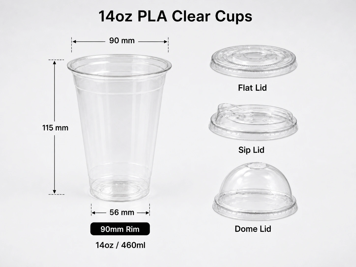 14oz 460ml PLA compostable transparent clear cup with 90mm rim and matching flat sip and dome lids