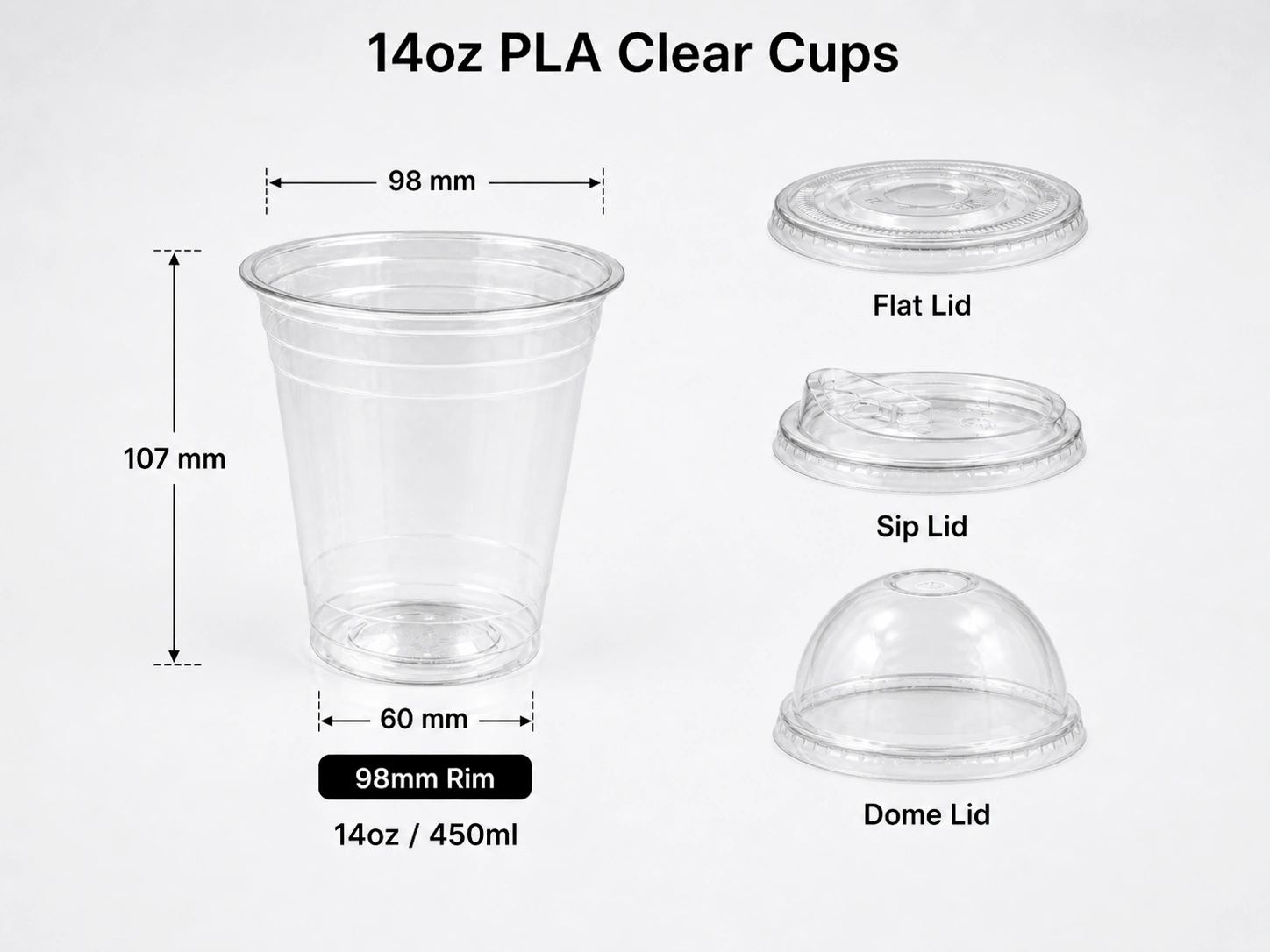 14oz 450ml PLA compostable transparent clear cup with 98mm rim and matching flat sip and dome lids