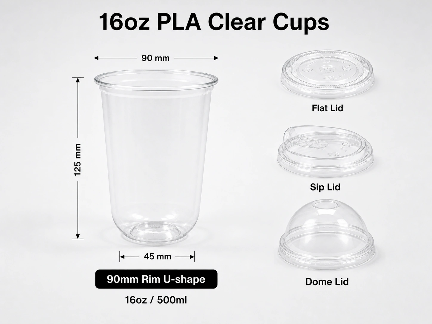 16oz 500ml PLA biodegradable clear U-shape cold cup with 90mm rim and matching flat sip and dome lids