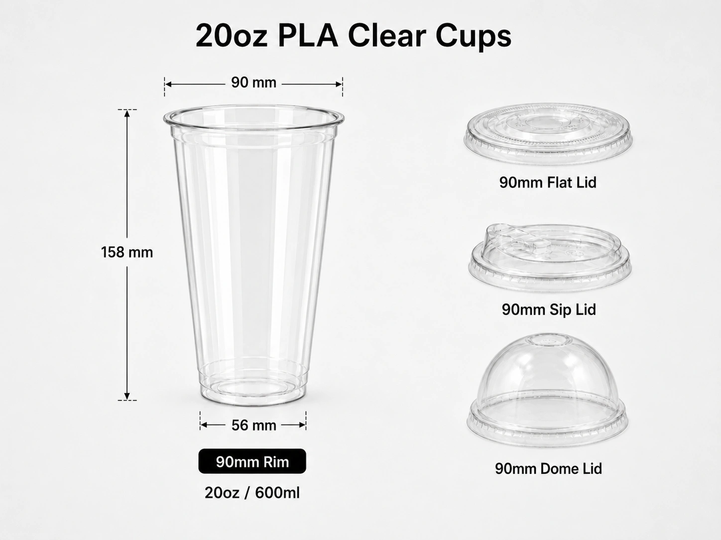 20oz PLA clear transparent cup with 90mm rim and matching flat sip and dome lids