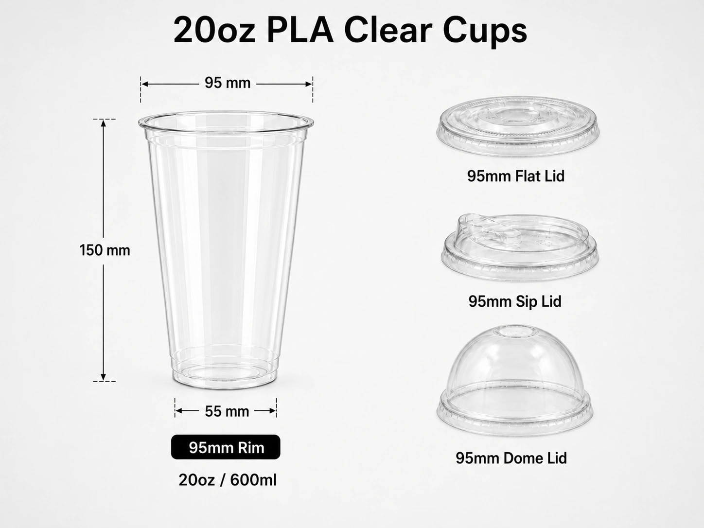 20oz PLA clear transparent cup with 95mm rim and matching flat sip and dome lids