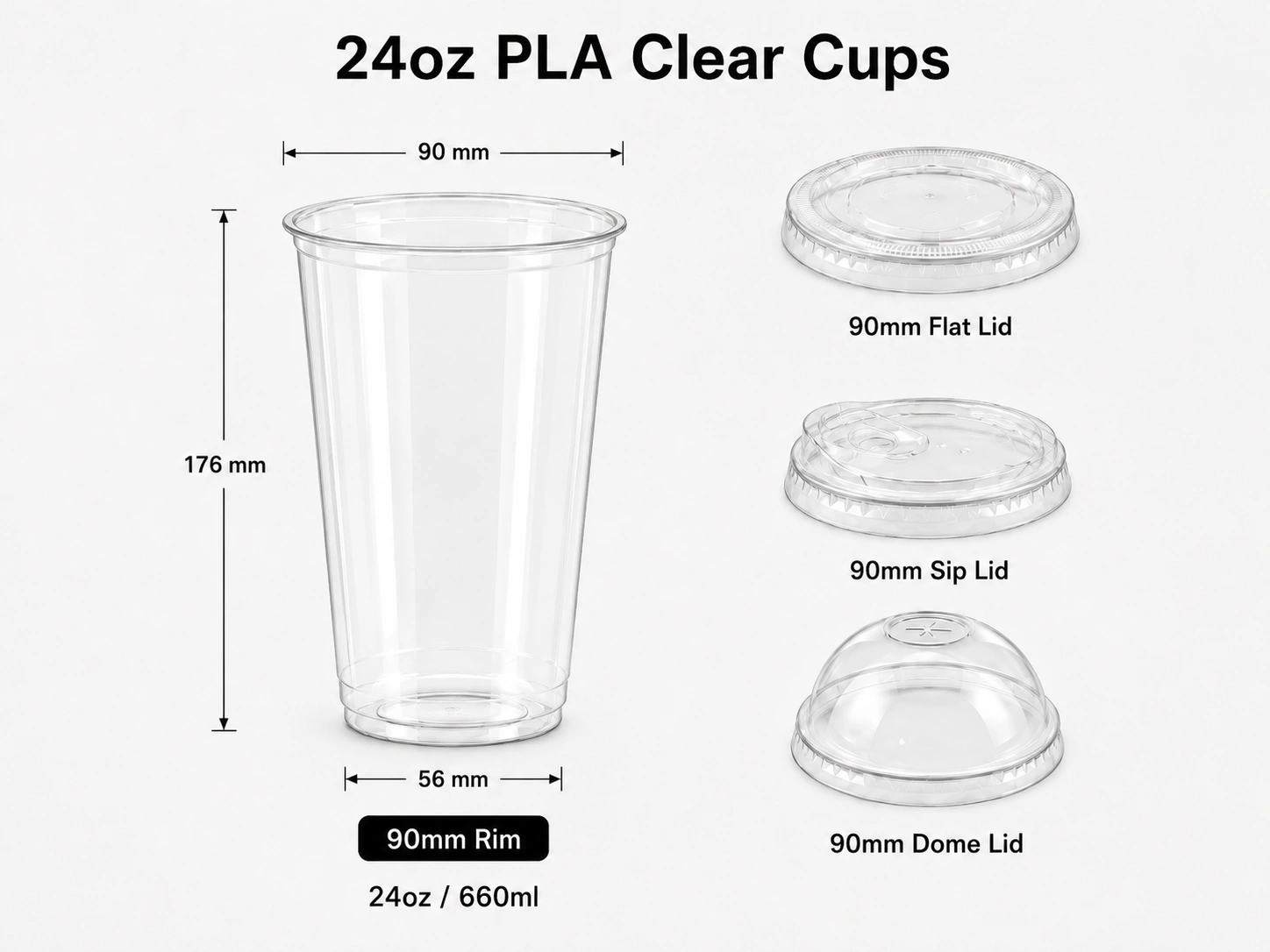 24oz 660ml PLA clear compostable cold cup with 90mm rim