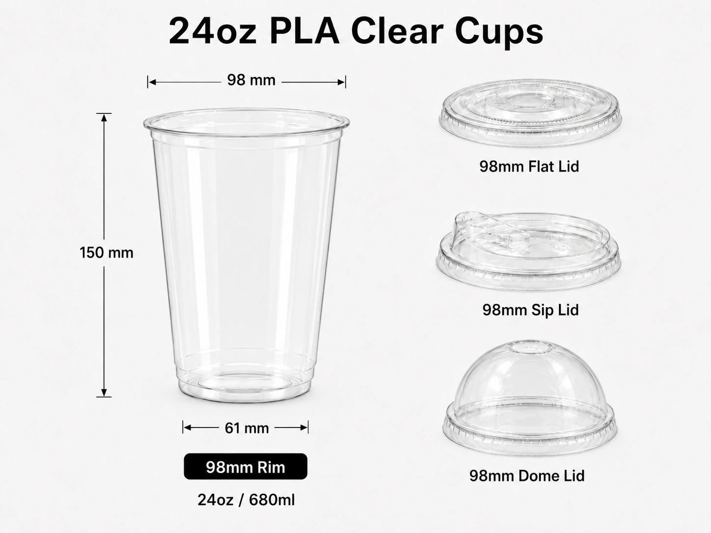 24oz 680ml PLA clear compostable cold cup with 98mm rim