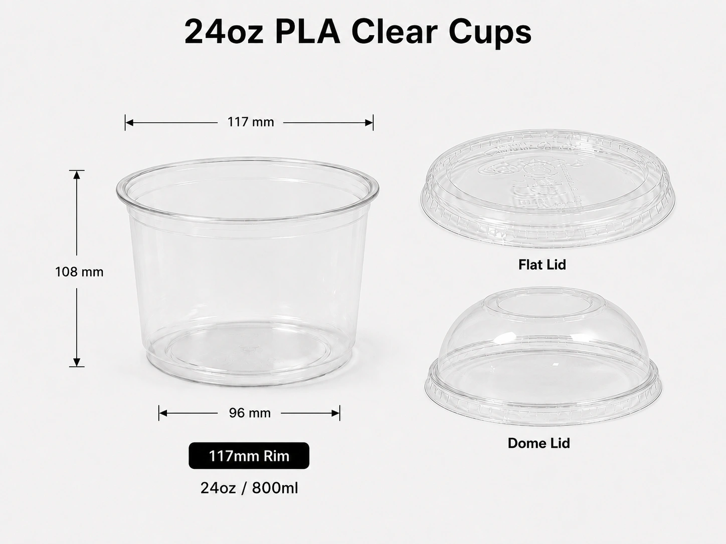 24oz 800ml PLA clear bowl-style cup with 117mm rim for desserts and fruit cups