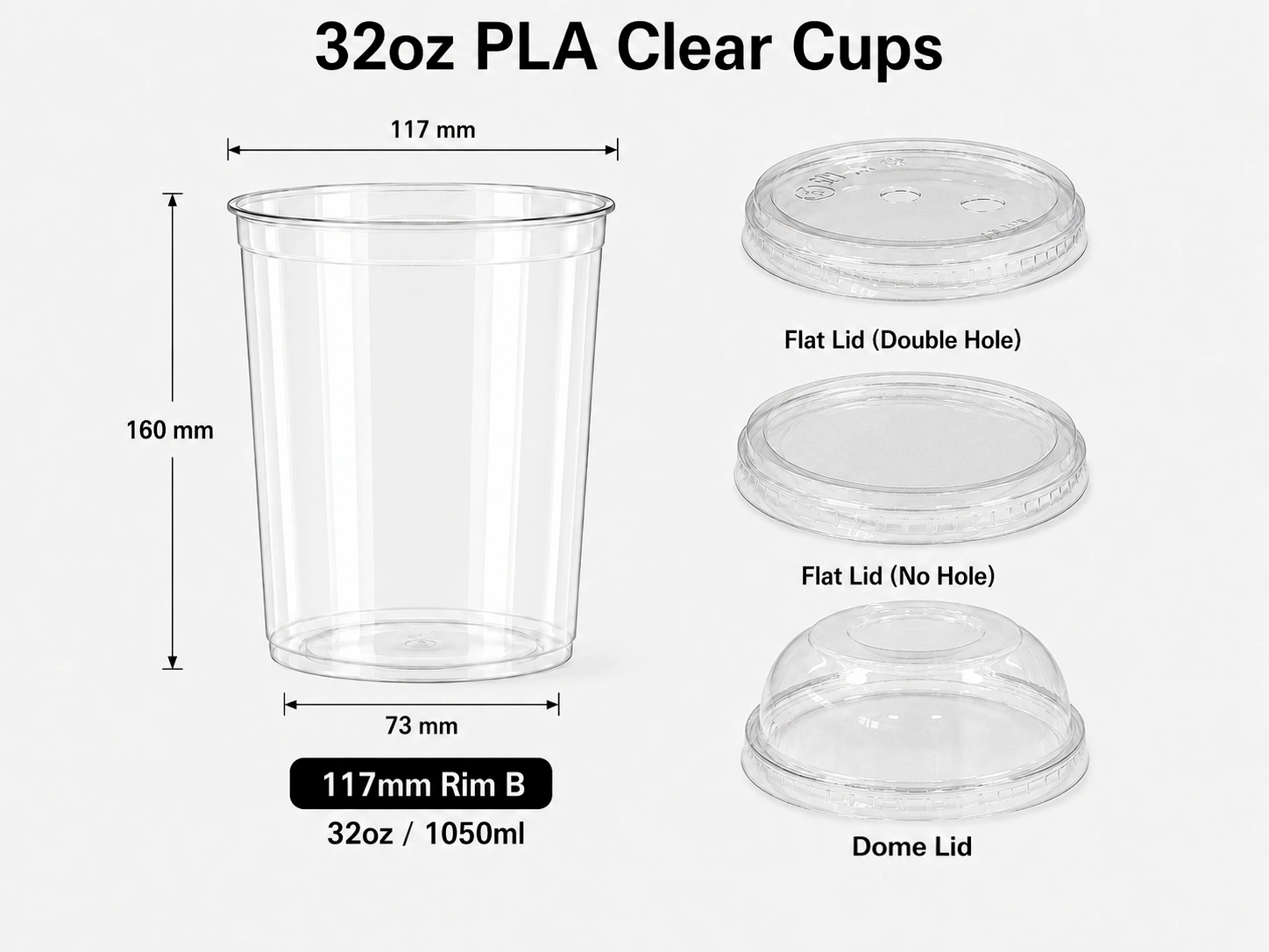 32oz 1050ml compostable PLA clear salad bowl container with 117mm rim A and matching lids