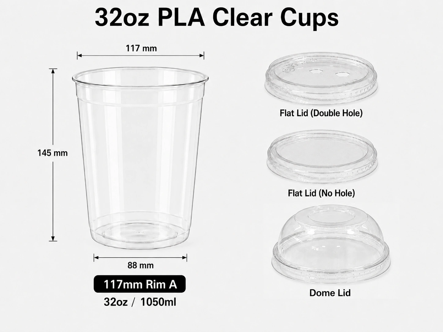 32oz 1050ml compostable PLA clear bowl-style cold cup with 117mm rim B and matching lids