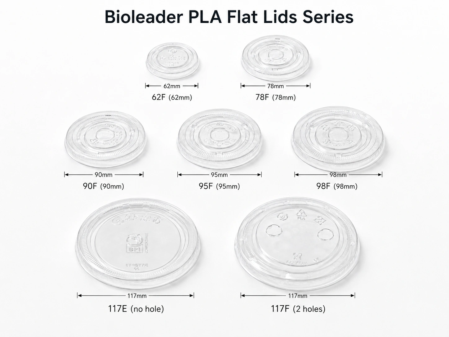 Transparent clear compostable PLA flat lids main product view